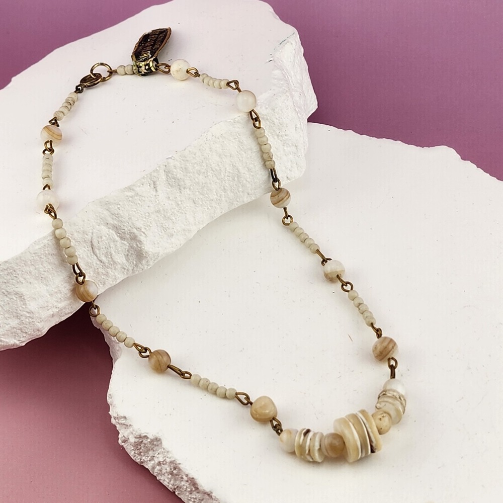 Vintage Genuine Mother of Pearl Necklace Japan Cream Beads Bronze Tone Layering
